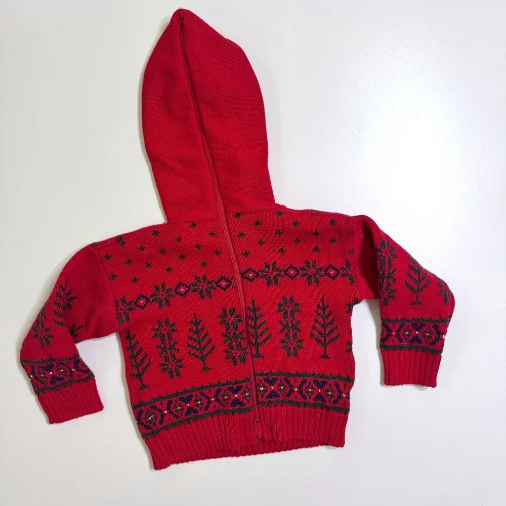 Vintage Hartstrings Sweater 24 Mos Red Fair Isle Nordic Hooded Zip Back Cotton